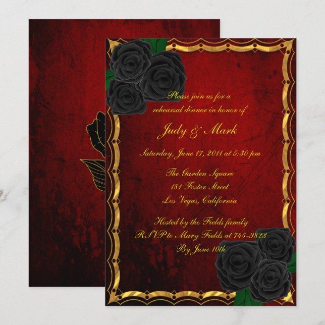 Invitation Gothique Noir Rose Sang Rouge Répétition Dîner (Devant / Derrière)