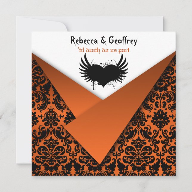 Invitation gothique Orange et Black Mariage damass (Devant)