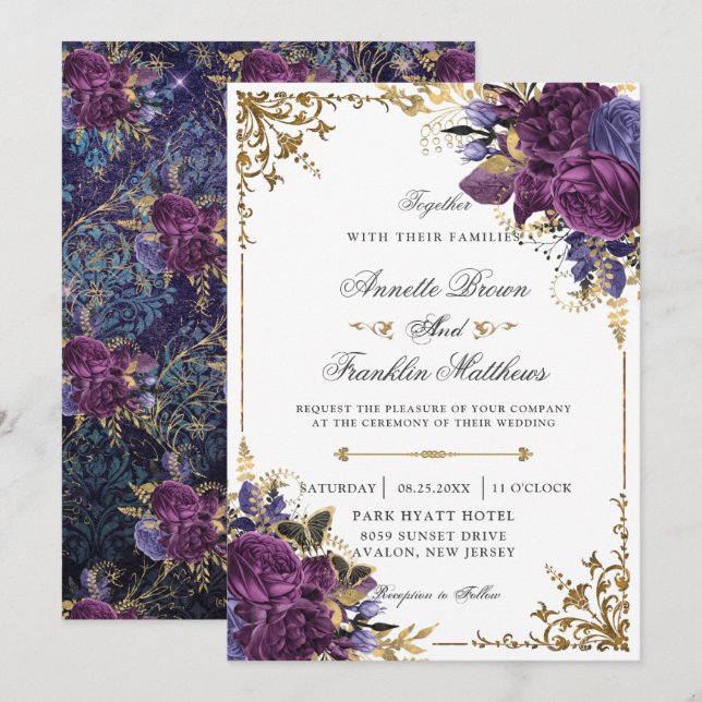 Invitation Gothique Ornate foncé violet Floral Mariage or (Devant / Derrière)