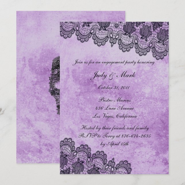 Invitation Gothique Purple Grunge Black Lace (Devant / Derrière)