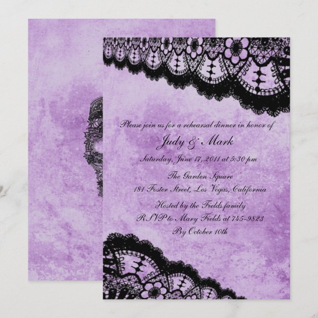 Invitation Gothique Purple Grunge Black Lace Dîner de répétit (Devant / Derrière)