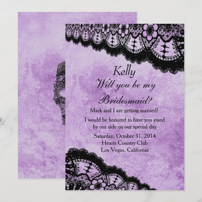 Invitation Gothique Purple Grunge Black Lace Mariage Bridesma (Devant / Derrière)