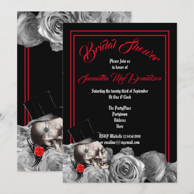 Invitation Gothique, rock ou moker noir et rouge douche nupti (Devant / Derrière)