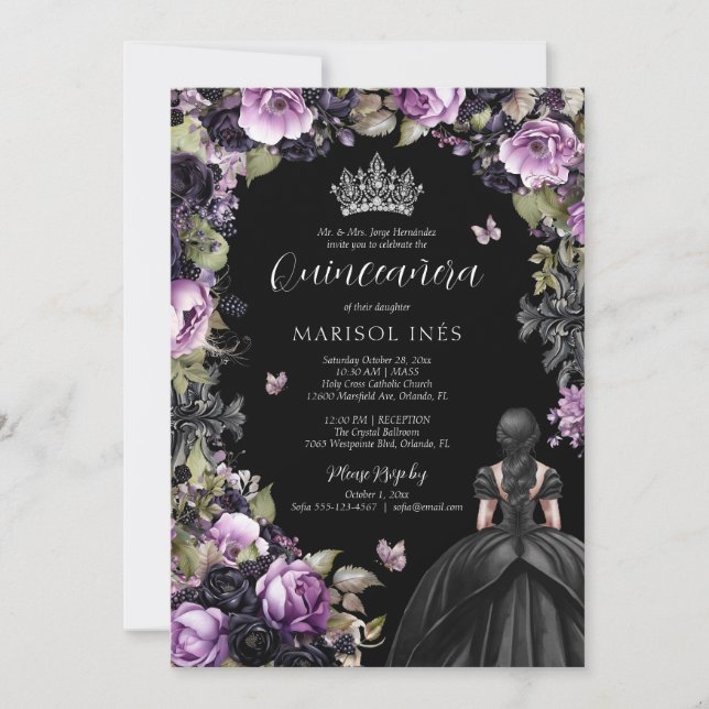 Invitation Gothique violet et noir Moody Florals Quinceañera (Devant)