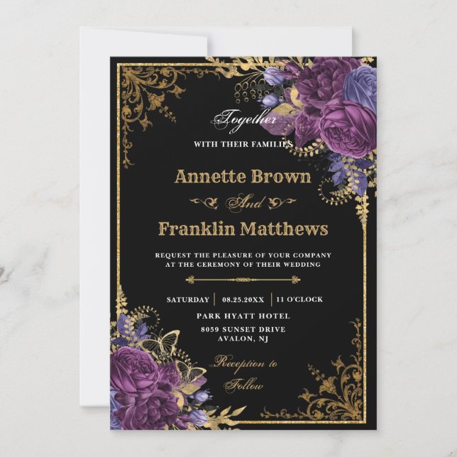 Invitation Gothique violet foncé Floral Ornate Mariage or (Devant)