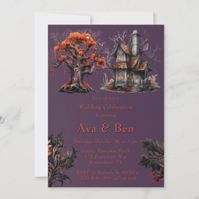 Invitation Gothique violet hanté Mariage de maison (Devant)