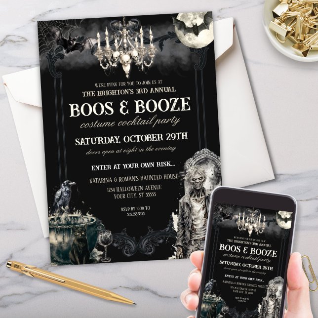 Invitation Gothique Zombie Apocolypse Boos & Booze Halloween (gothic zombie apcolypse theme halloween party invitations for boos and booze halloween soiree)