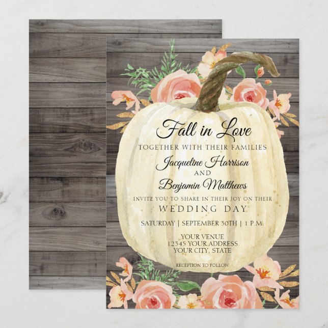 Invitation Gourde Florale Aquarelle Rustique Bois Corail Abri (Devant / Derrière)