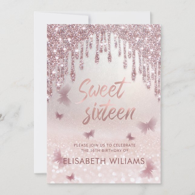 Invitation gouttes de glitterie or rose ombre papillon invita (Devant)
