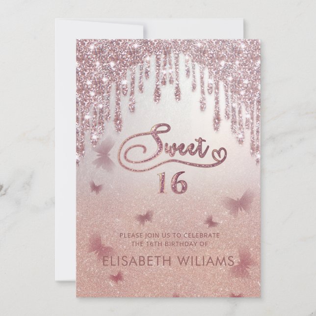 Invitation gouttes de glitterie or rose ombre papillon invita (Devant)