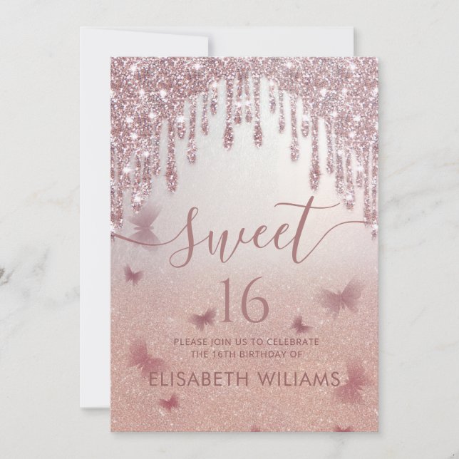 Invitation gouttes de glitterie or rose ombre papillon invita (Devant)