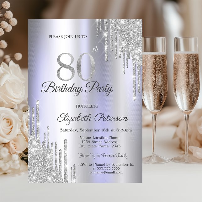 Invitation  Gouttes de paillettes argentées Anniversaire 80 a (Créateur téléchargé)