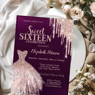 Invitation Gouttes de paillettes argentées cool, robe or rose