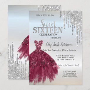 Invitation Gouttes de paillettes argentées, Robe bordeaux Sw