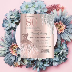 Invitation Gouttes de paillettes argentées, robe rose doré 80