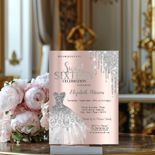 Invitation Gouttes de paillettes argentées, robe rose doré Sw