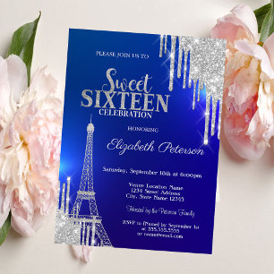 Invitation Gouttes de paillettes argentées, Tour Eiffel Bleue