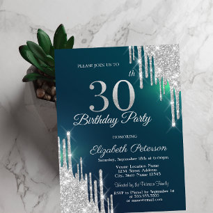 Invitation Gouttes de Paillettes Argentées Vert 30e Anniversa