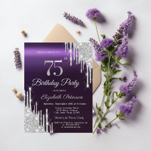 Invitation Gouttes de Paillettes Argentées Violet Foncé 75ème