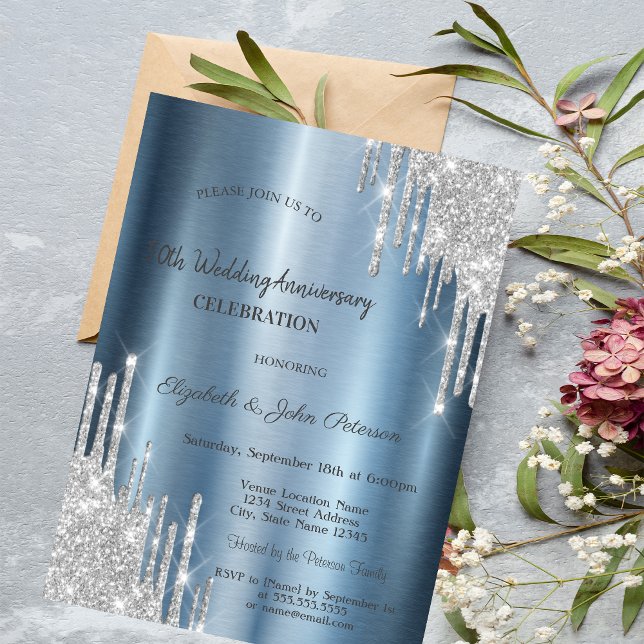 Invitation Gouttes de paillettes Bleu métallisé Mariage Anniv (Créateur téléchargé)