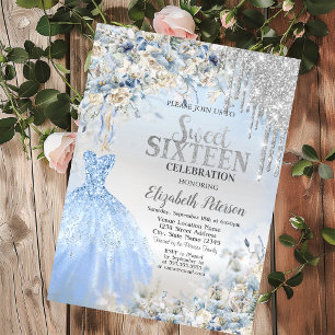 Invitation Gouttes de paillettes d'argent, Fleurs de robe ble