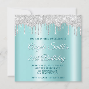 Invitation Gouttes de paillettes d'argent ombre portée turquo