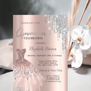 Invitation Gouttes de paillettes d'argent, robe rose or Quinc