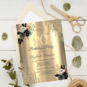 Invitation Gouttes de paillettes d'or Roses noires 90e annive