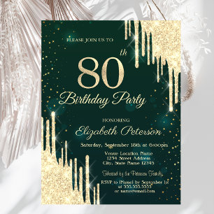 Invitation Gouttes de paillettes dorées 80e anniversaire vert