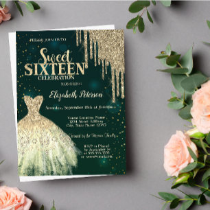 Invitation Gouttes de paillettes dorées cool, robe verte pour