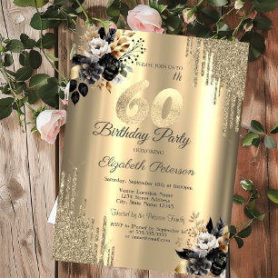 Invitation Gouttes de paillettes dorées Roses noires 60e anni