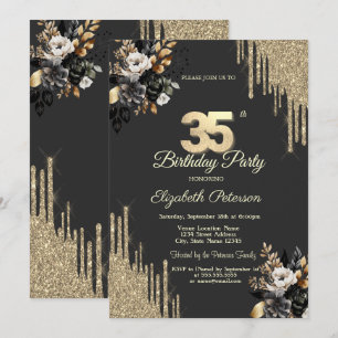 Invitation Gouttes de paillettes dorées Roses noires Sombre 3