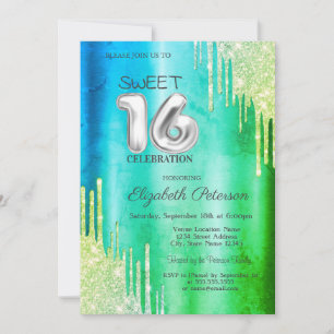 Invitation Gouttes de paillettes élégantes Sweet 16 vert