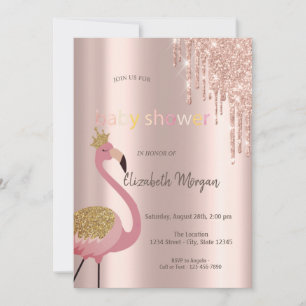 Invitation Gouttes de paillettes en or rose chic, flamants ro
