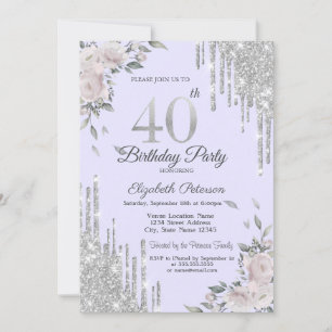Invitation Gouttes de paillettes, Fleurs Lavande 40e Annivers