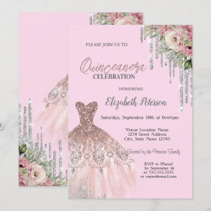 Invitation Gouttes de paillettes fraîches, Robe florale rose