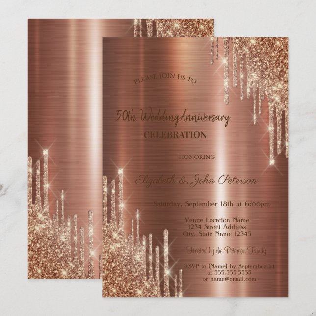 Invitation Gouttes de paillettes Marron métallisé Mariage Ann (Devant / Derrière)