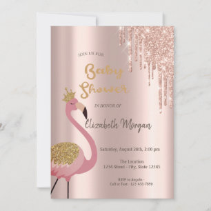 Invitation Gouttes de paillettes rose gold, Flamants roses mi
