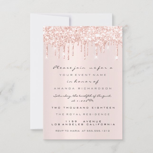 Invitation Gouttes de paillettes roses pour mariage Sweet 16 (Devant)