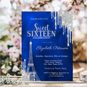 Invitation Gouttes de paillettes, Tour Eiffel Bleu Royal Swee