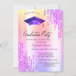 Invitation Gouttes de paillettes violettes, chapeau de diplôm