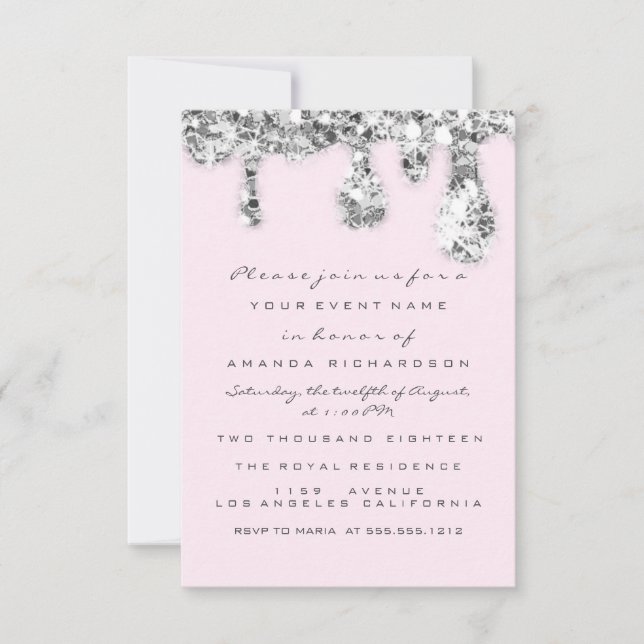 Invitation Gouttes Gris Rose Argent Pailleté Mariée 16 Ans (Devant)
