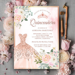 Invitation Gown étincelant Blush Floral Rose Or Quinceanera