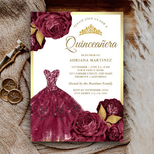Invitation Gown étincelant Bourgogne Floral Or Quinceanera