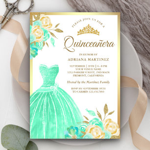 Invitation Gown étincelante Monnaie vert Floral Or Quinceaner