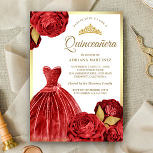 Invitation Gown étincelante Roses rouges Quinceanera or