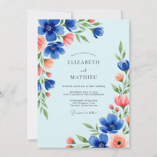 Invitation Grâce Botanique Bleu Cobalt pour Mariage