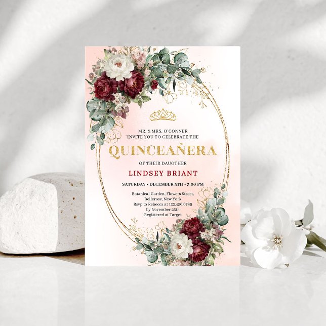 Invitation Graceful Bohemian Burgundy Peonies Quince Invite (Graceful Bohemian Burgundy Peonies Quince Invite)