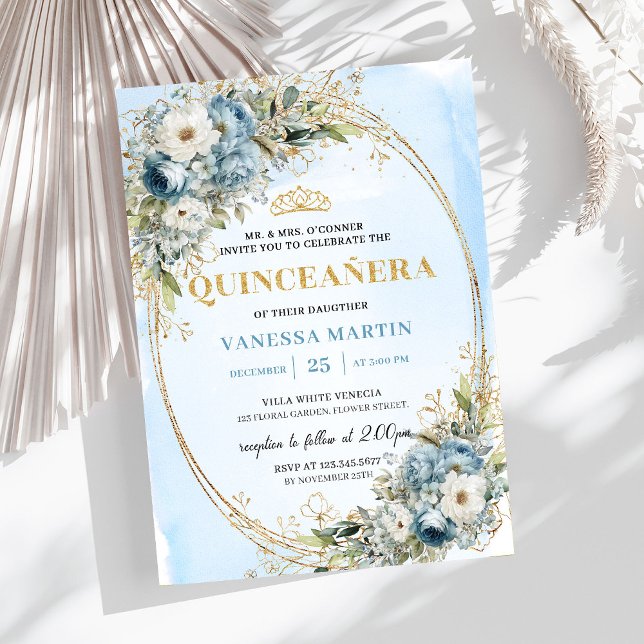 Invitation Graceful Pastel Blue Gold Eucalyptus Quinceañera   (Graceful Pastel Blue Gold Eucalyptus Quinceañera Invite

)