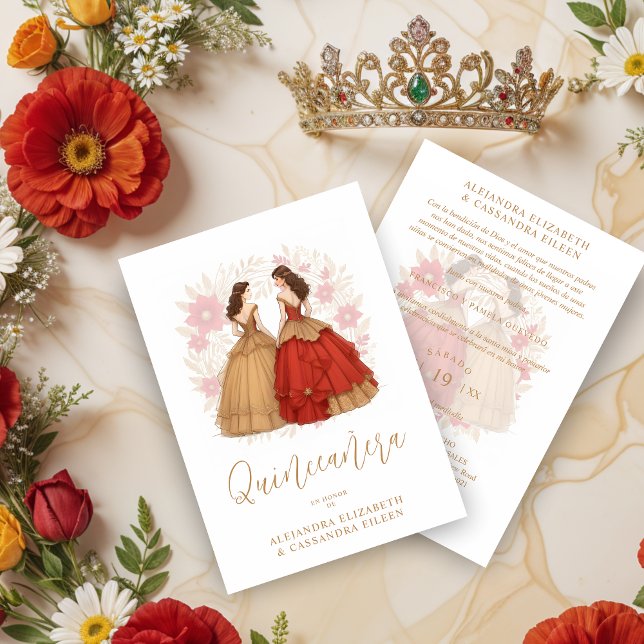 Invitation Graceful Romantic Spanish Quinceañera Twins  (Graceful Romantic Spanish Quinceañera Twins Red and Gold Invitations Cards.)